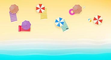 Bright sunny beach with color umbrellas and towels vector