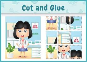 Children board game cut and glue with a cute girl doctor character illustration vector