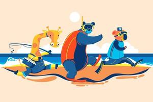 Summer Animal Giraffe Bear and Koala go to the Beach for Fishing Snorkeling and Selfie vector