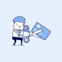 hombre de negocios cortando tarjeta de crédito personaje de dibujos animados vector de estilo de línea fina