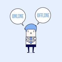 Businessman standing confuse to choose between two option online or offline Cartoon character thin line style vector