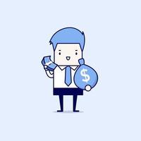 Businessman holds in hand money Cartoon character thin line style vector