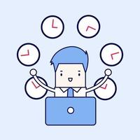 Businessman working with many clocks Cartoon character thin line style vector