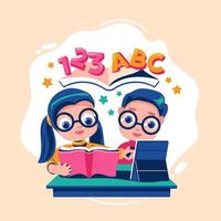 Smart Kids Reading Books and Tablet in Room vector