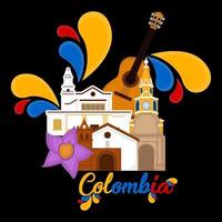 Los edificios de la iglesia con una flor y una guitarra imagen representativa de Colombia. vector