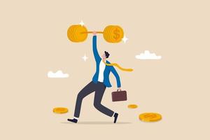 Financial literacy or investment advisor strong businessman lifting heavy money coin weights vector