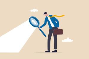 Searching for investment opportunity hidden cost and expense concept businessman looking through magnifying glass to see dollar money sign search for money vector