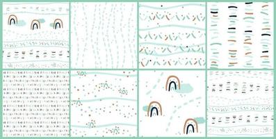 Set of eight sweet abstract seamless patterns of clouds rainbow lines dots vector