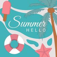 Hola banner de vector de verano con elementos de playa y tipografía de texto ilustración vectorial