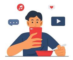 Man is Eating Food While Watching Mobile Phone vector