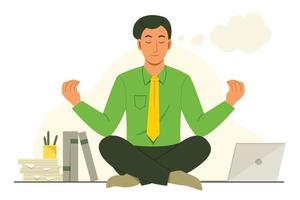 Office Man Sit on Desk to Meditation Before Working vector