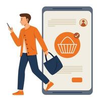 Man is Online Shopping on Mobile Phone and Walking Out from Big Smartphone vector