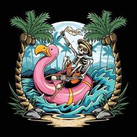 skulls on flamingos floats on the beach during summer parties filled with coconut trees vector