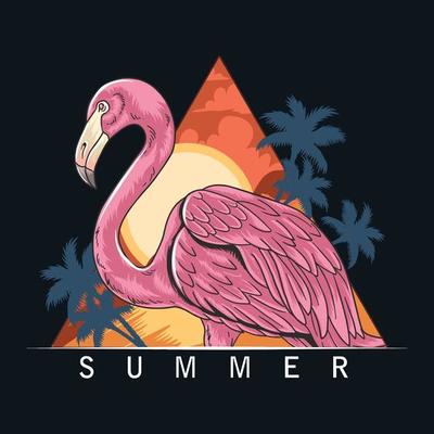 summer flamingos on the beach with coconut trees and the sea