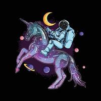 Los astronautas montan en un caballo unicornio espacial que proviene de un globo de jabón entre los planetas y las estrellas. vector