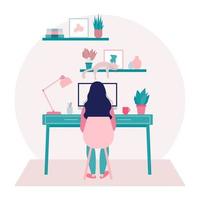 Girl Working at her Home Office Flat Illustration