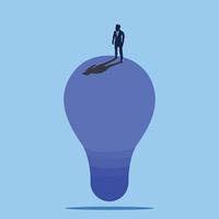 Business vision creativity and new ideas vector illustration concept. A man standing on a light bulb thinking about an idea for solving a problem. Symbol of brainstorming future planning