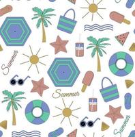 Colorful seamless summer pattern with beach elements such as sunglasses palm watermelon ice cream bag umbrella waves flip flops and shell Vector illustration