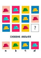 Logic game for kids, activity to children, task for the development of logical thinking and mind, cute cartoon hats vector