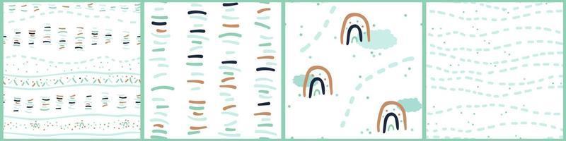 Set of simple brown blue green seamless patterns of abstract lines dots clouds rainbow on white background in hand drawn flat style vector