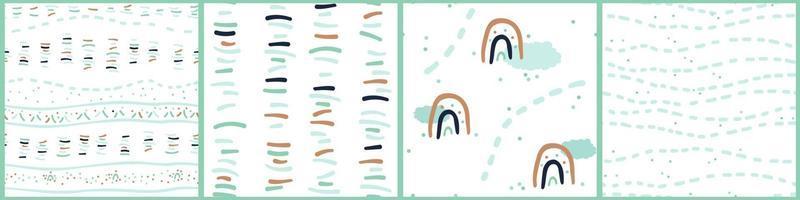 Set of simple brown blue green seamless patterns of abstract lines dots clouds rainbow on white background in hand drawn flat style vector