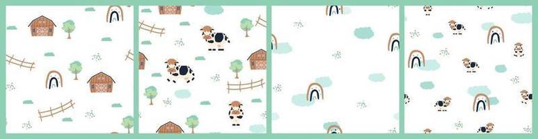 Set of cute farm cartoon seamless patterns on white background vector