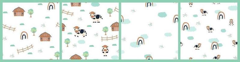 Set of cute farm cartoon seamless patterns on white background vector