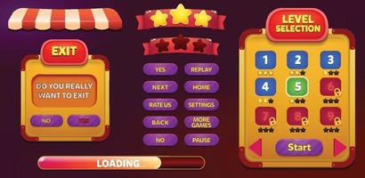 Level selection game menu scene with buttons  loading bar and stars Pro Vector