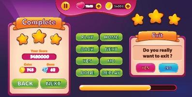 Level selection game menu scene with buttons  loading bar and stars Pro Vector