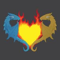 dos dragones que se aferran al corazón que tiene la forma de una llama ardiente vector