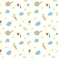 Vector seamless garden pattern of vegetables and fruits green leaves blue clouds and watering cans on a pale yellow background
