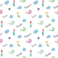 Vector seamless childish pattern of colorful birds colorful tulips and blue clouds on a transparent background with the words Love Clouds Flowers