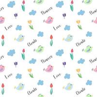 Vector seamless childish pattern of colorful birds colorful tulips and blue clouds on a transparent background with the words Love Clouds Flowers