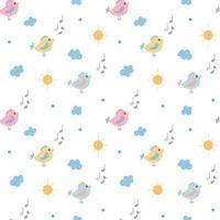 Vector seamless childrens pattern of multicolored singing birds sun and clouds on a transparent background Flat style