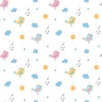 Vector seamless childrens pattern of multicolored singing birds sun and clouds on a transparent background Flat style