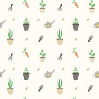 Vector seamless spring garden pattern of seedlings vegetables gardening tools and green leaves on a pale yellow background