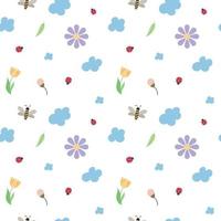 Vector seamless childrens pattern of bees ladybugs spring flowers and clouds on a transparent background