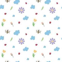 Vector seamless childrens pattern of bees ladybugs spring flowers and clouds on a transparent background