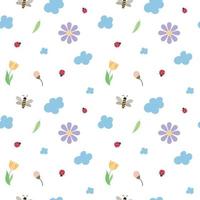 vector, seamless, patrón para niños, de, abejas, mariquitas, flores de primavera, y, nubes, en, un, fondo transparente vector