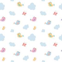 Vector seamless childrens pattern of multicolored cute cartoon birds butterflies and clouds on a transparent background