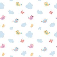 Vector seamless childrens pattern of multicolored cute cartoon birds butterflies and clouds on a transparent background