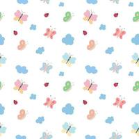 Vector seamless childrens pattern of multicolored butterflies ladybirds and blue clouds on a transparent background
