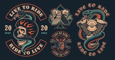 Set of color biker patches on a dark background vector