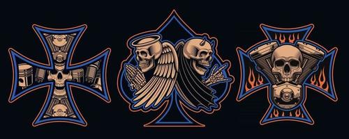 Set of vector biker patches with a motorcycle engine skulls