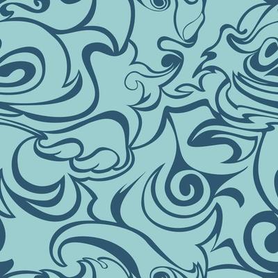 Blue waves curls on a dark blue background Stylized flame seamless pattern