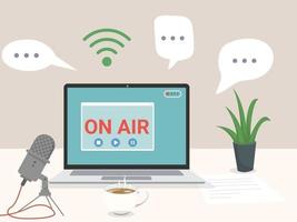 Podcast Online show radio broadcasting podcasting in internet website Radio host workplace vector