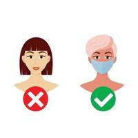 Sign You are not allowed to enter without a mask Warning about wearing a mask in public places A girl with and without a mask vector