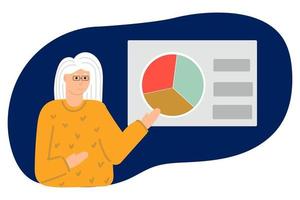 Elderly woman pensioner shows a graph chart of finances Flat illustration vector