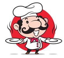 Cartoon smiling Italian chef with big moustache holding 2 empty plates with smoke steam for food product vector