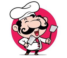 Cartoon cute Italian chef character with big moustache holding spatula and knife on red circle vector